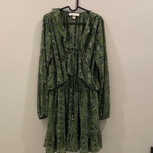 Michael Kors Green Paisley Ruffle Long-Sleeve Dress